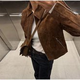 LIZAKOSHT  -  Fashion Suede Short Jackets Women Vintage Lapel Zippers Long Sleeve Pocket Jacket Coat 2025 New Autumn Winter Casual Streetwear